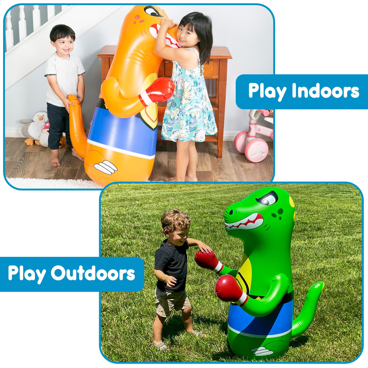 Preferred Toys dinosaur punching bag with reinforced seams for durability