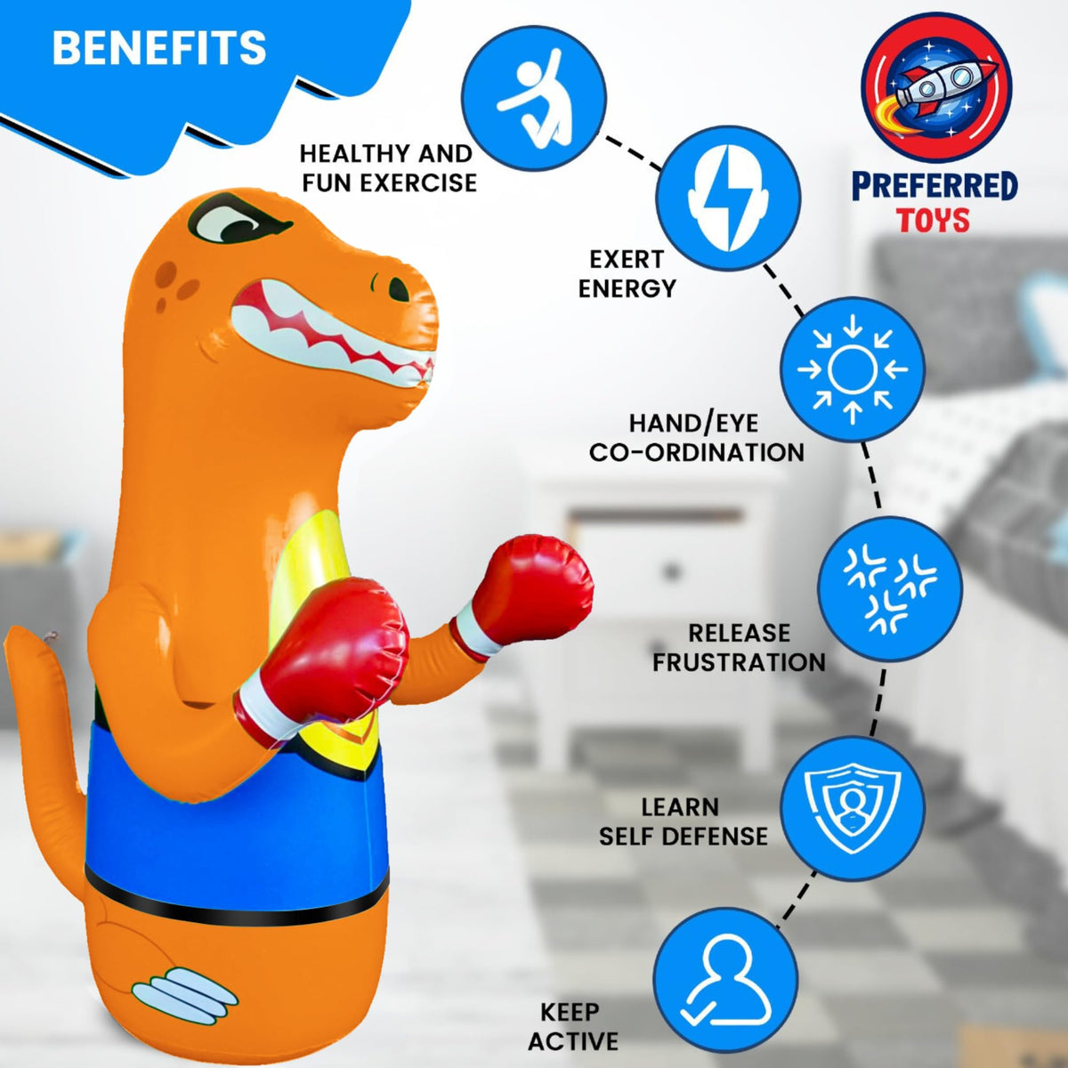 Preferred Toys dino punching bag in backyard for energetic outdoor play