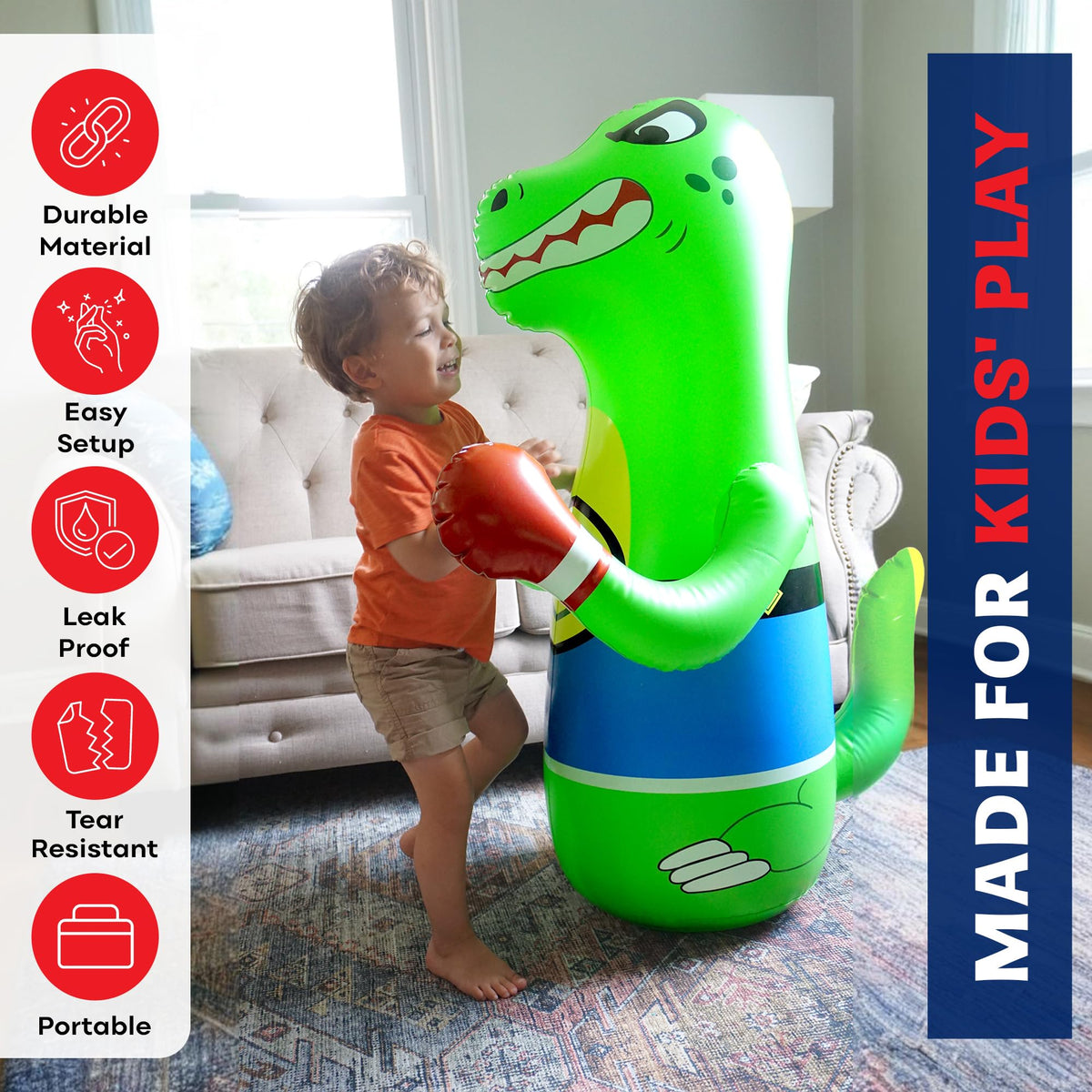 Preferred Toys durable vinyl construction withstands energetic punching and outdoor use