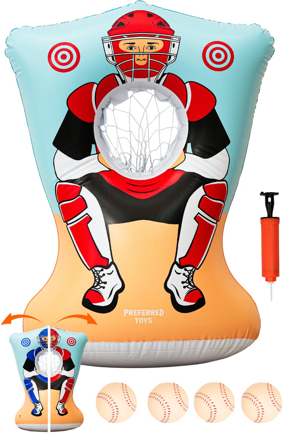 Preferred Toys inflatable baseball pitching target ready for kids' backyard practice.