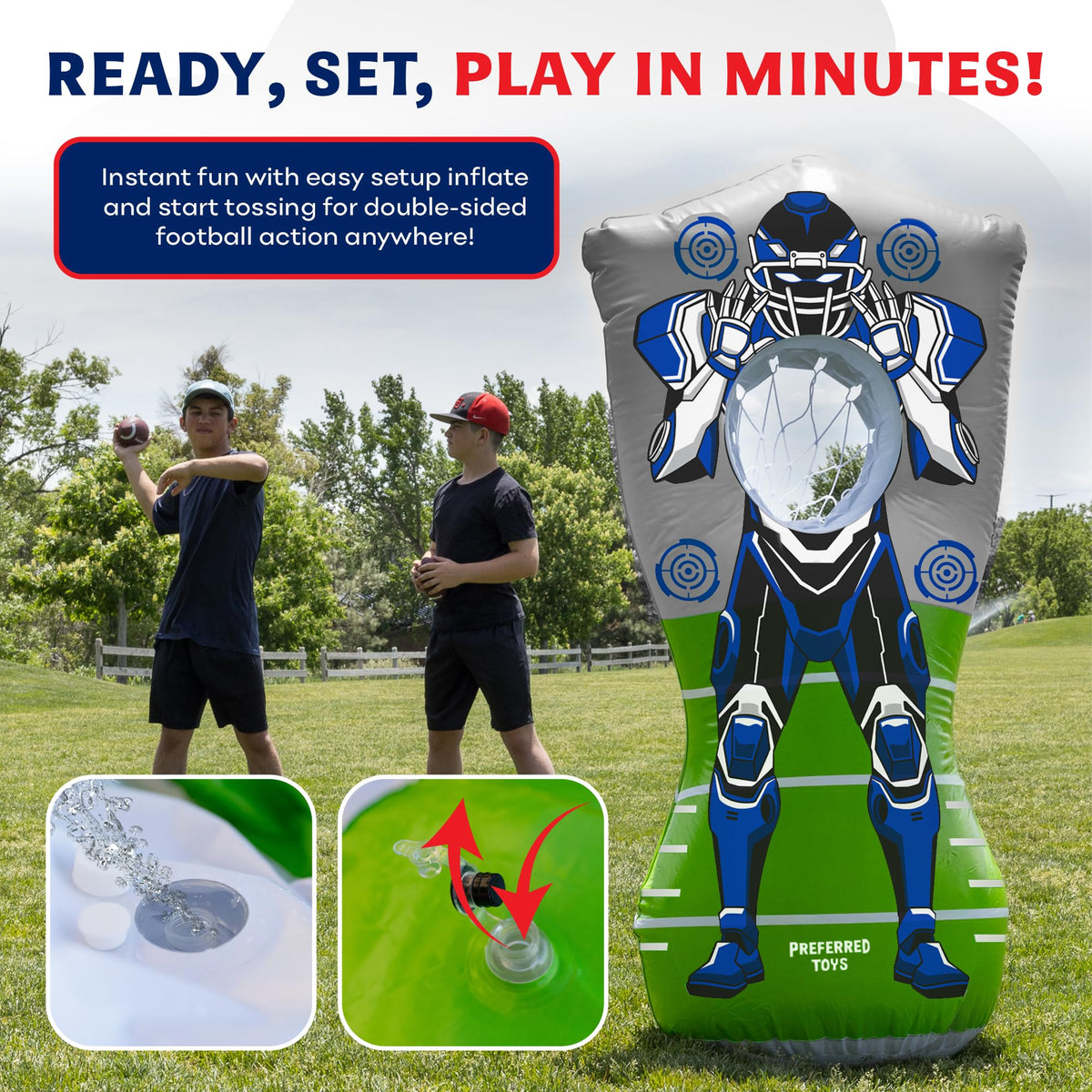 Preferred Toys mini footballs included for immediate practice sessions