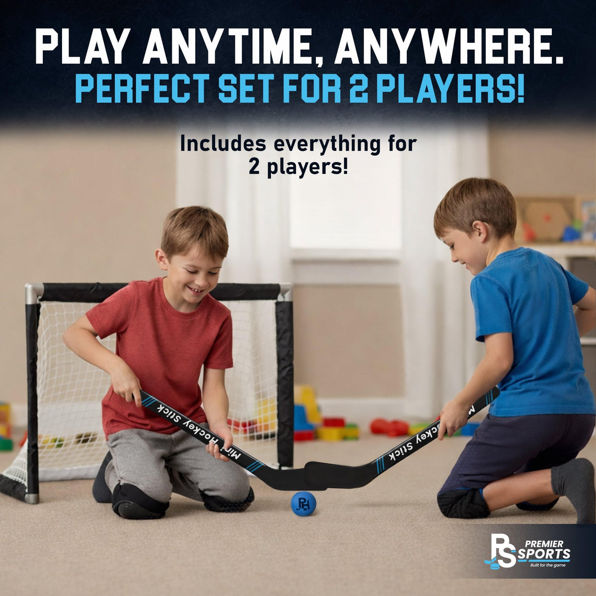 Premier Sports knee hockey set two sticks for versatile left/right-handed play