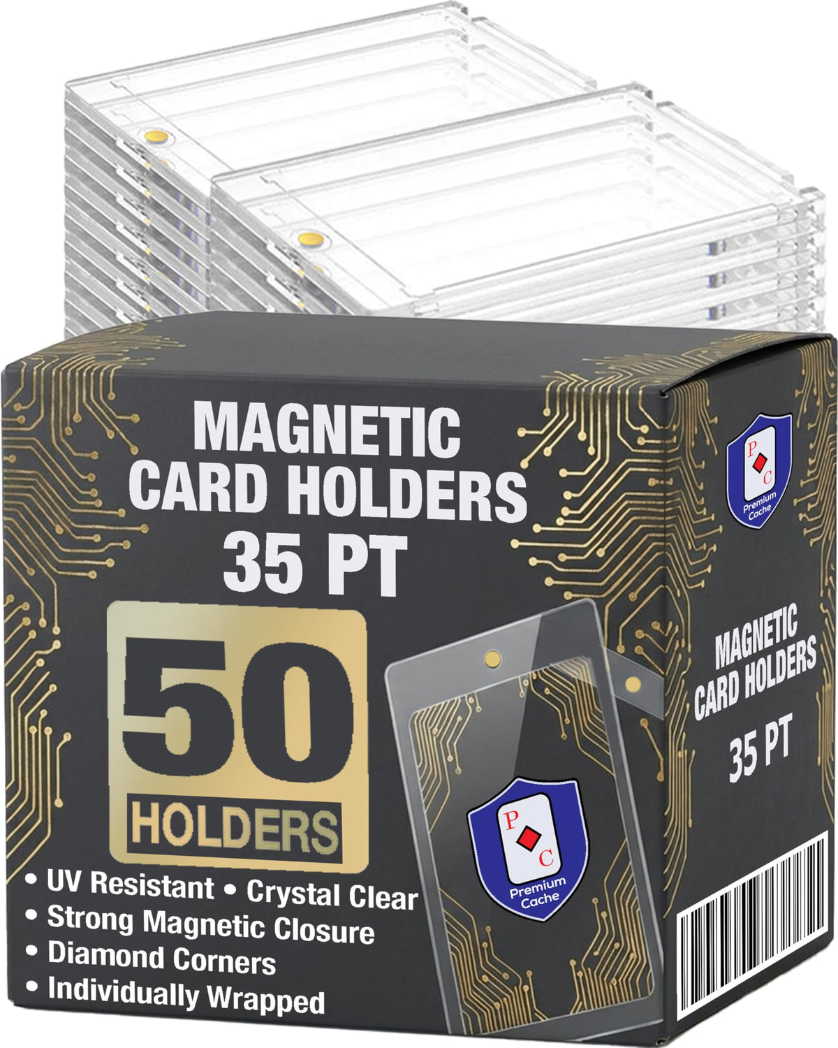 Premium Cache magnetic holder front view showing crystal-clear display and protection.