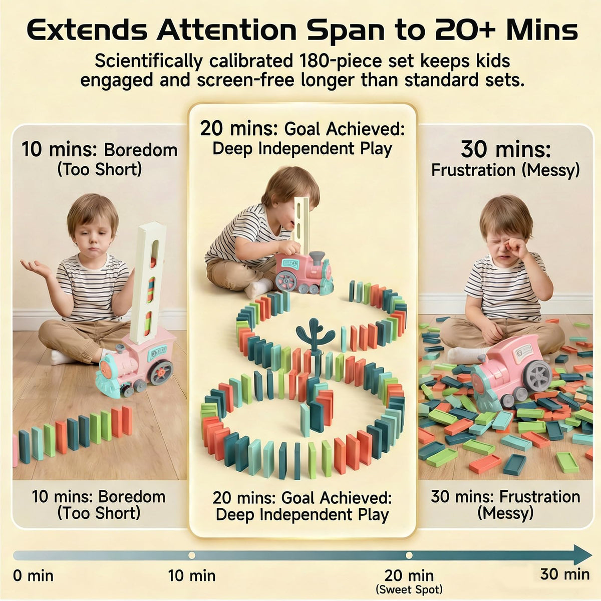 PREPHY domino train with blinking light and moving locomotive enhances sensory play.