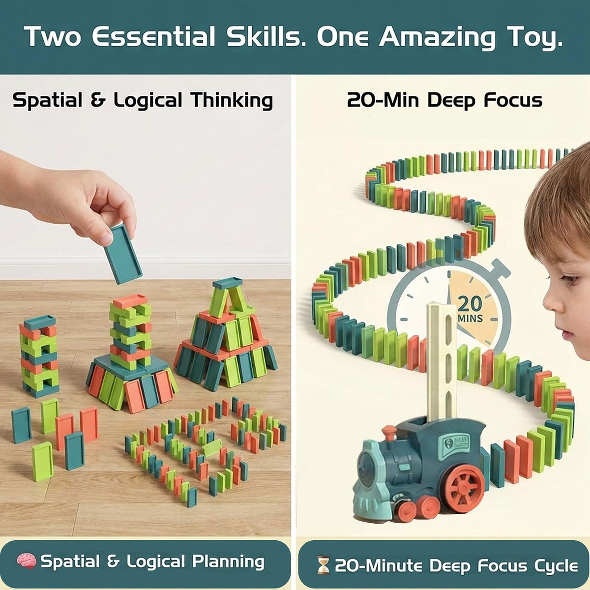 PREPHY Domino Train Toy color blocks promote sorting and pattern making.