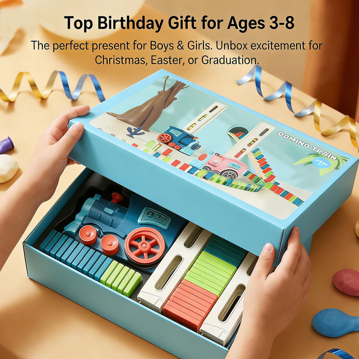 PREPHY Domino Train Toy gift ready packaging suggests versatile math and STEM play.