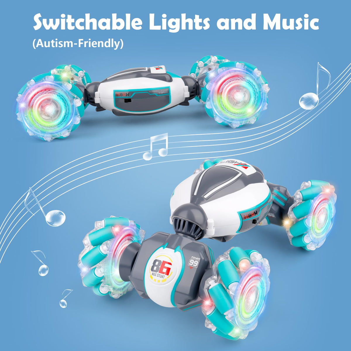 Bright lights with music add immersive nighttime play.