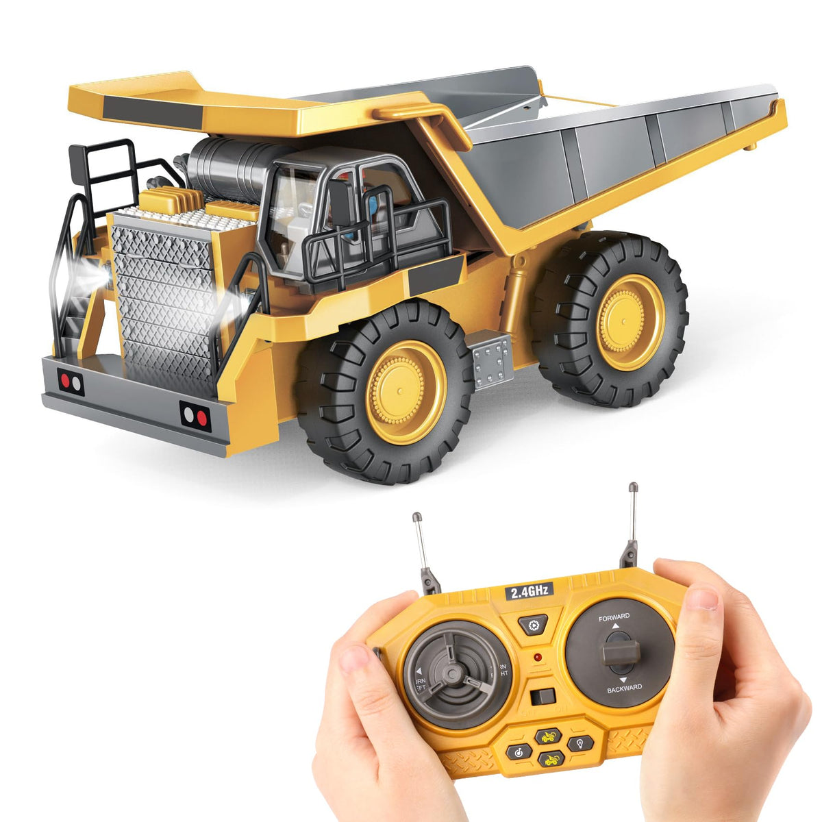 PREPOP Kids RC Dump Truck bed shows a sturdy metal bed for rough outdoor play.