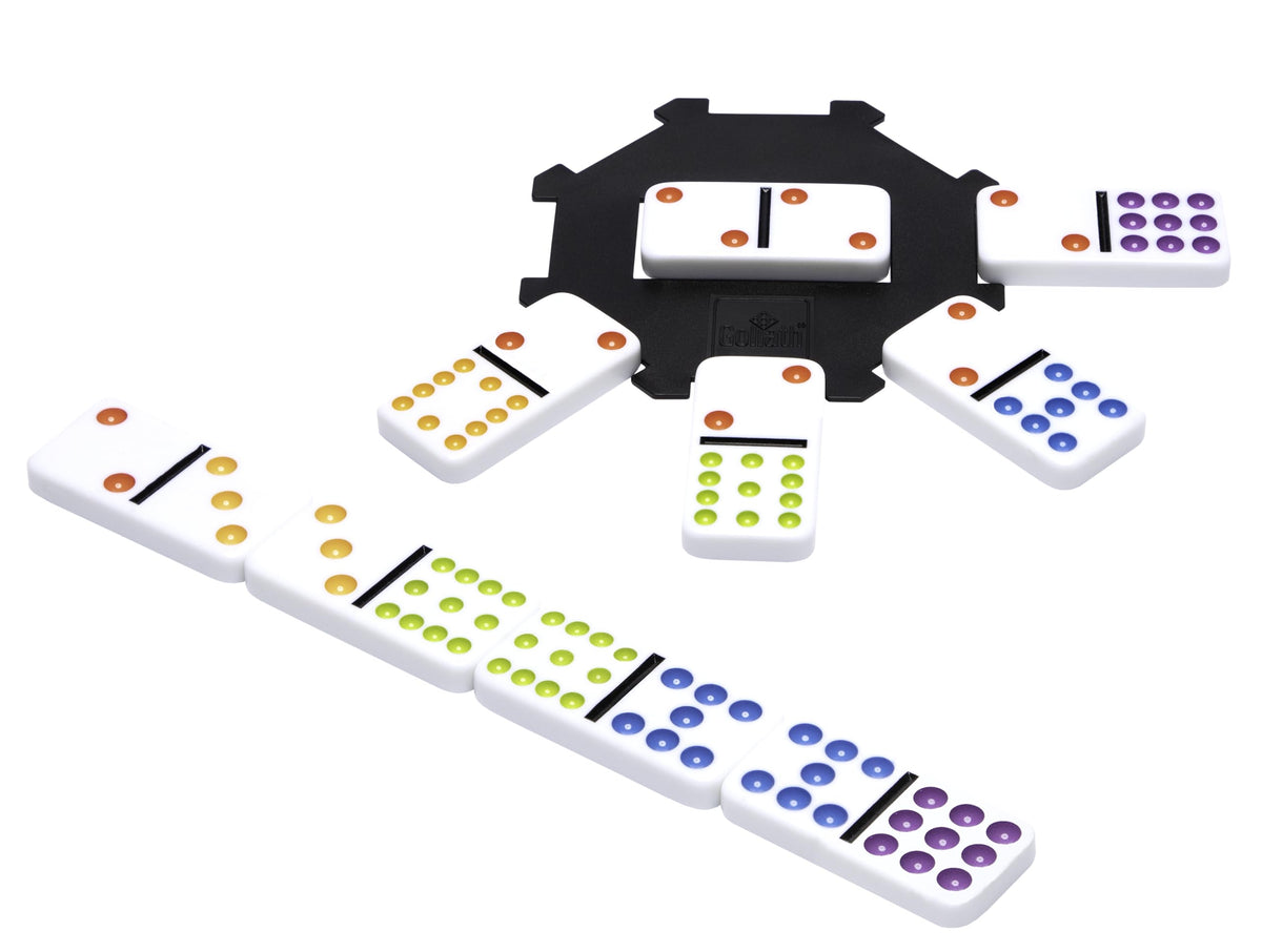 Pressman domino set in hand illustrating comfortable grip during play.