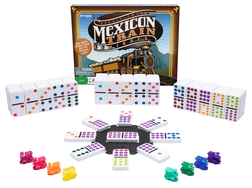 Pressman Mexican Train Dominoes with color-dotted double-12 for enhanced visibility.