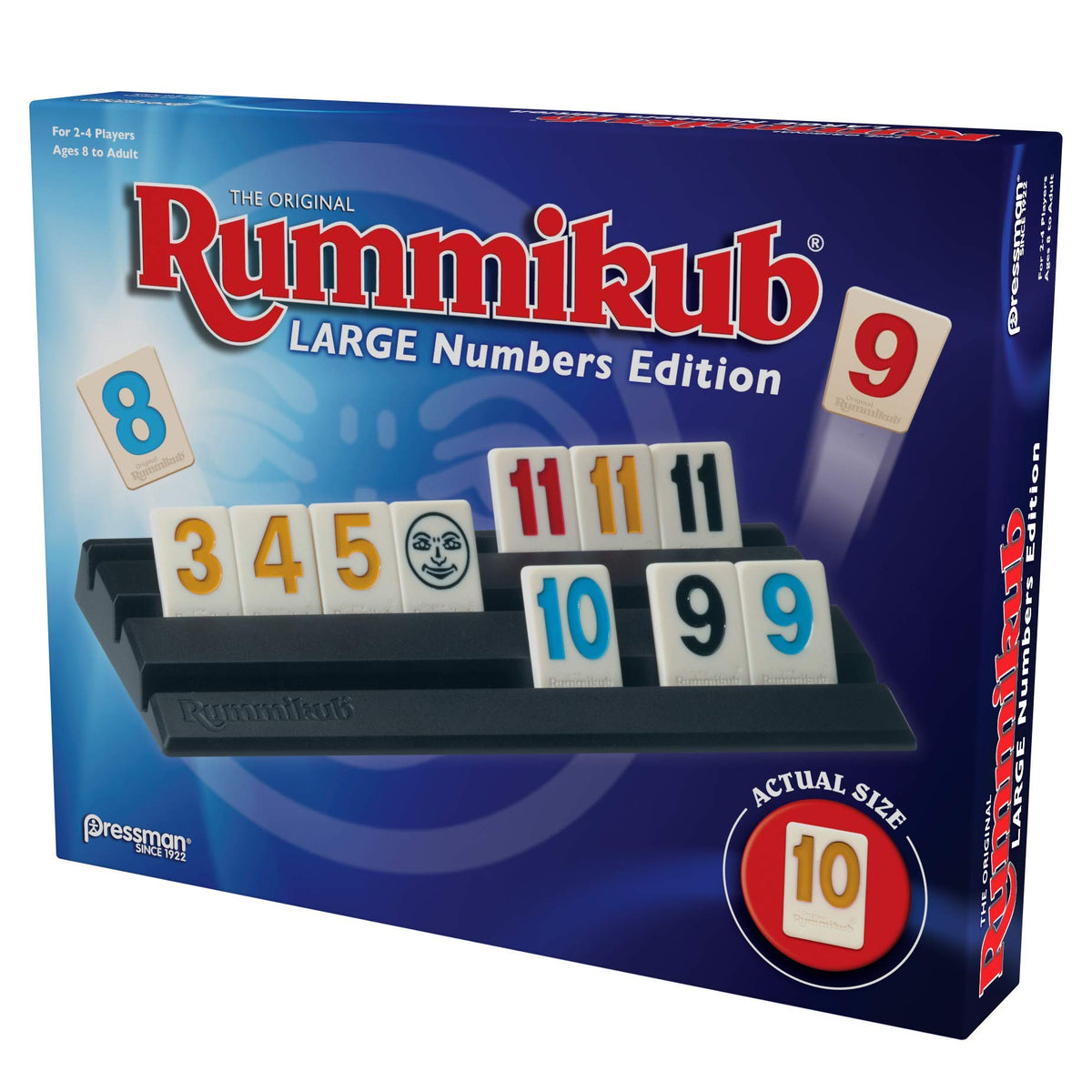 Pressman Rummikub large numbers blue box keeps components organized.