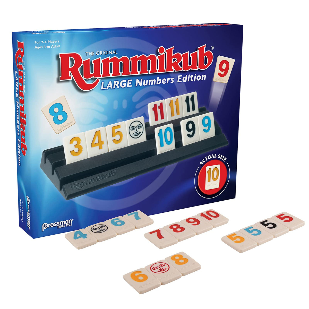 Pressman Rummikub large numbers blue tile racks help quick tile arrangement.