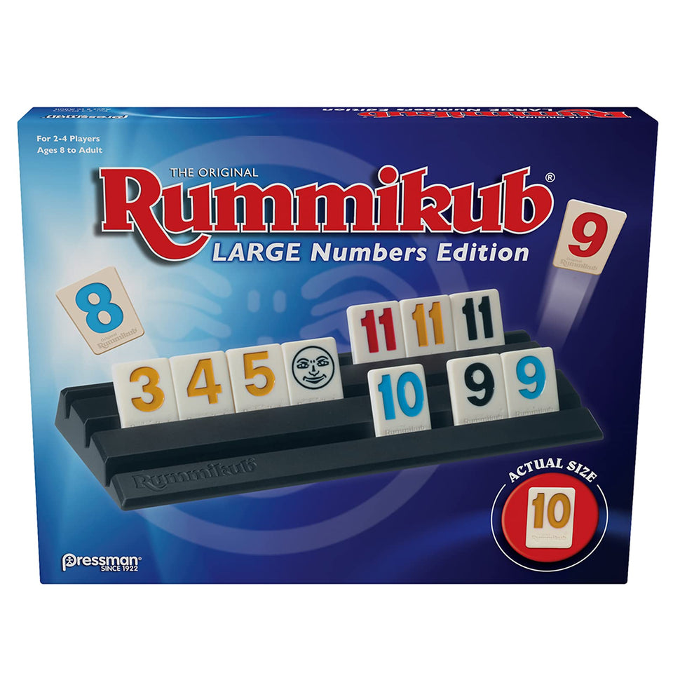Pressman Rummikub large numbers blue tiles offer easy viewing during fast rounds.