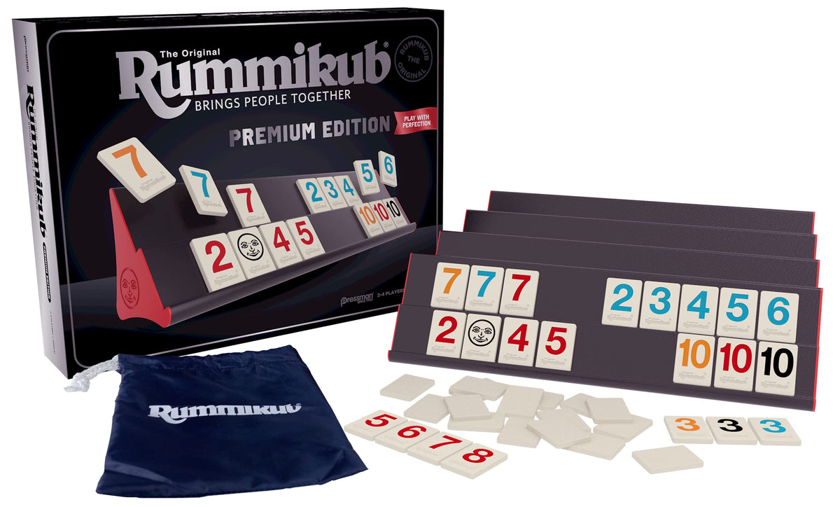 Pressman Rummikub Premium Edition engraved tiles highlight durability and legible numbers.