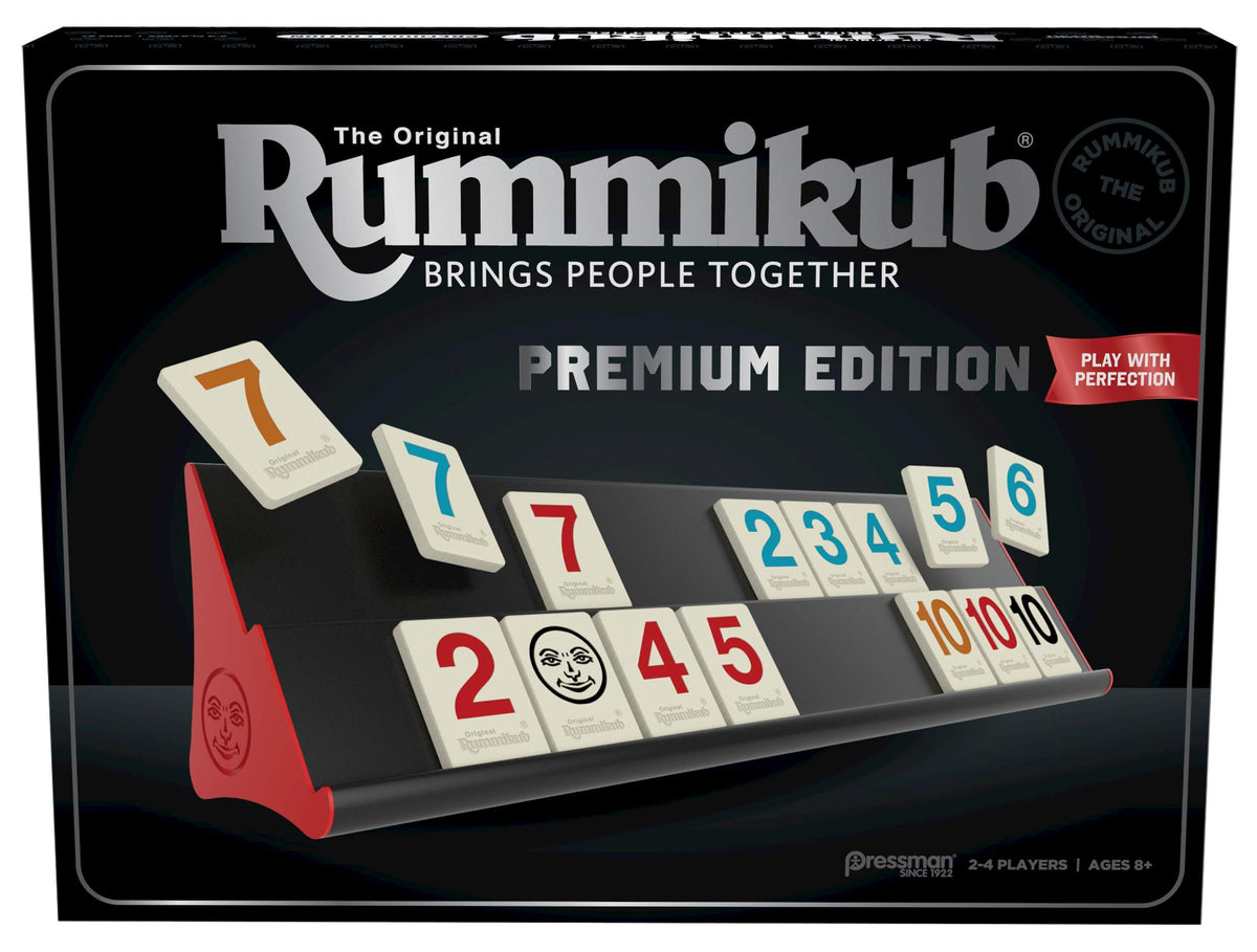 Pressman Rummikub Premium Edition racks closeup for easy handling and organization.