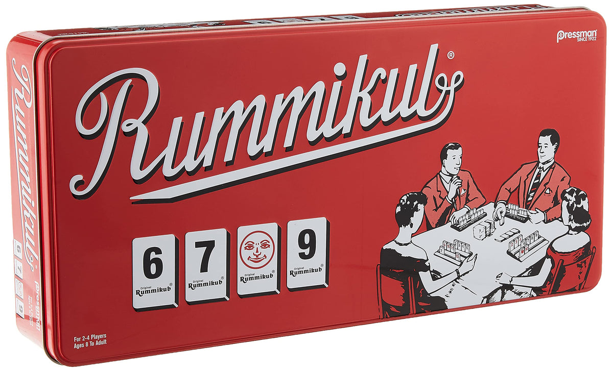 Pressman Rummikub retro tin top view with vibrant tiles for family game night