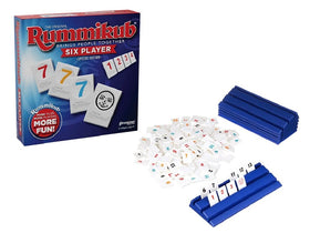 Pressman Rummikub Six-Player edition racks arranged for easy drafting during heated rounds.