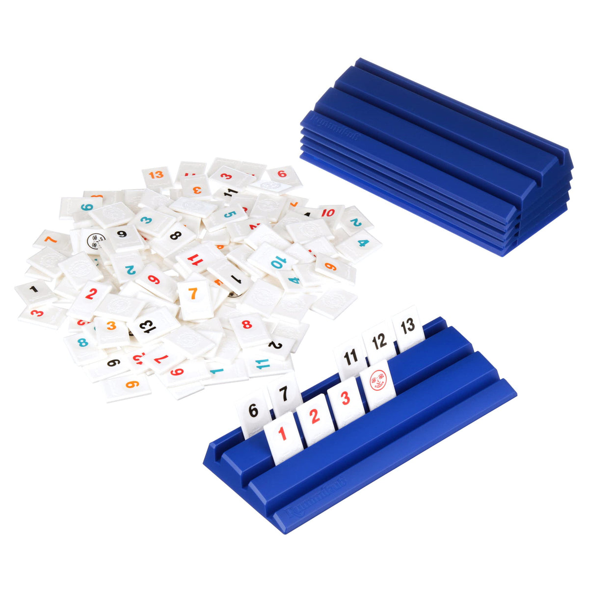 Pressman Rummikub Six-Player edition tile closeup highlights colorful numbers and smooth edges.