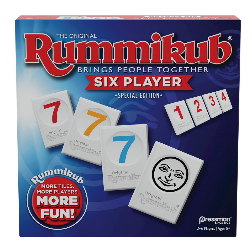 Pressman Rummikub Six-Player edition tiles showcase color-coded racks for quick, strategic play.