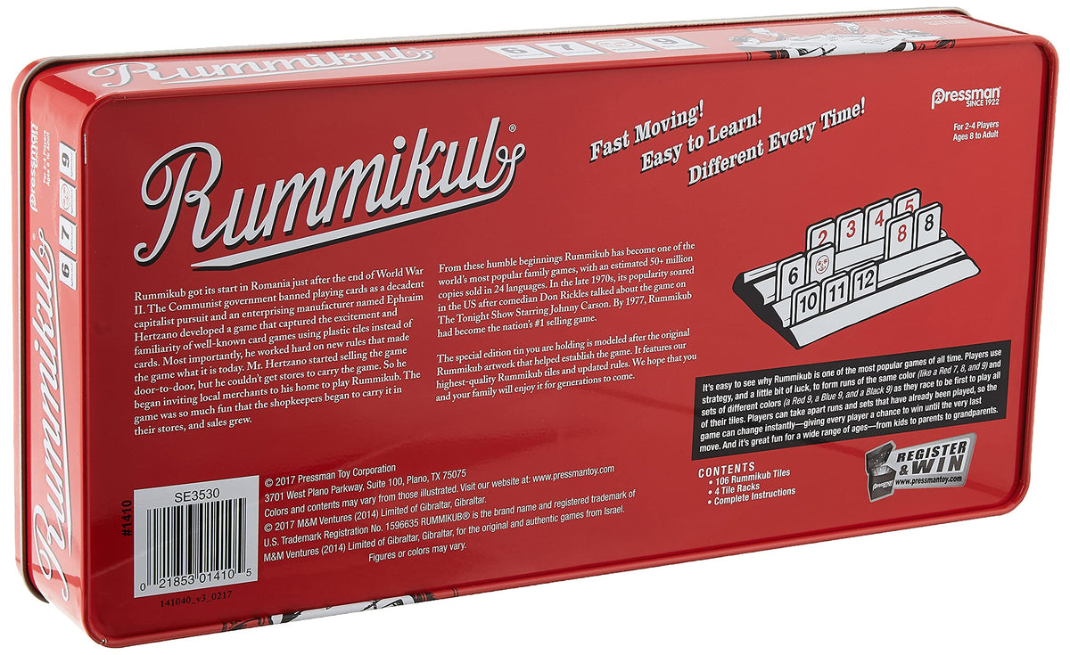 Pressman Rummikub tiles show 106 large-number pieces in four vibrant colors