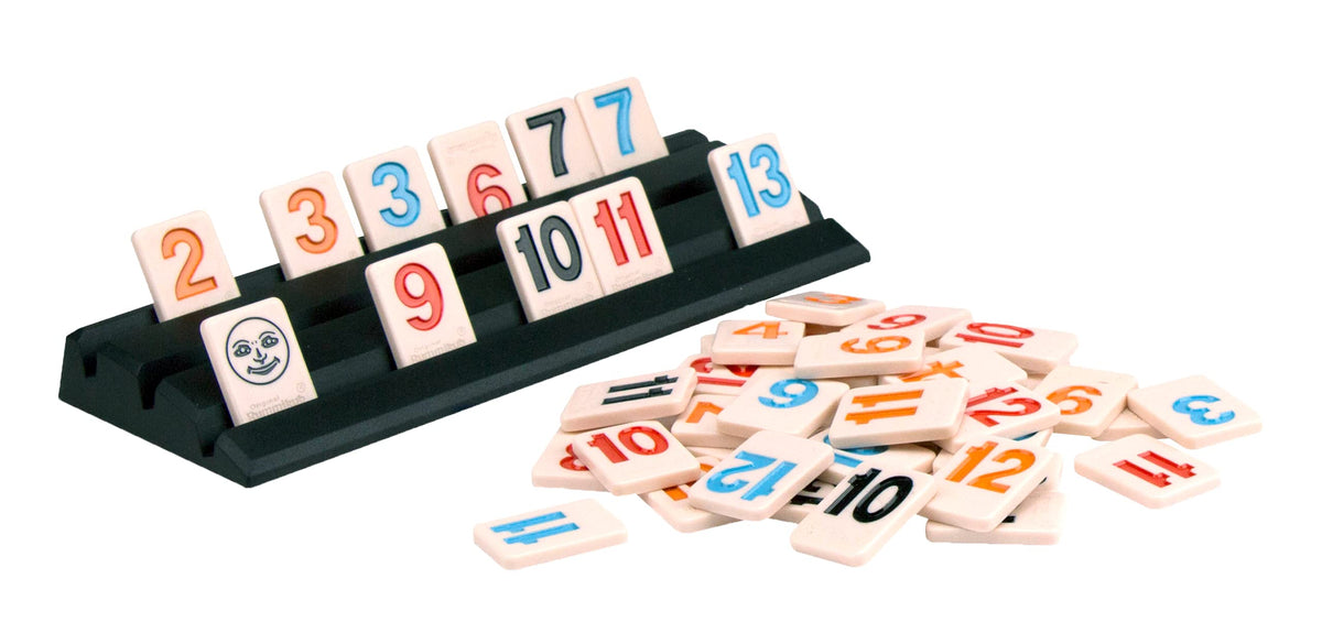 Pressman Rummikub tiles and racks help organized gameplay for 2-4 players.