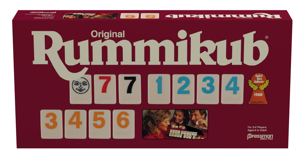Pressman Rummikub tiles with bright inset numbers for easy viewing during play.