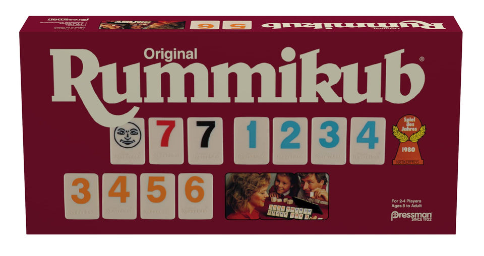 Pressman Rummikub tiles with bright inset numbers for easy viewing during play.