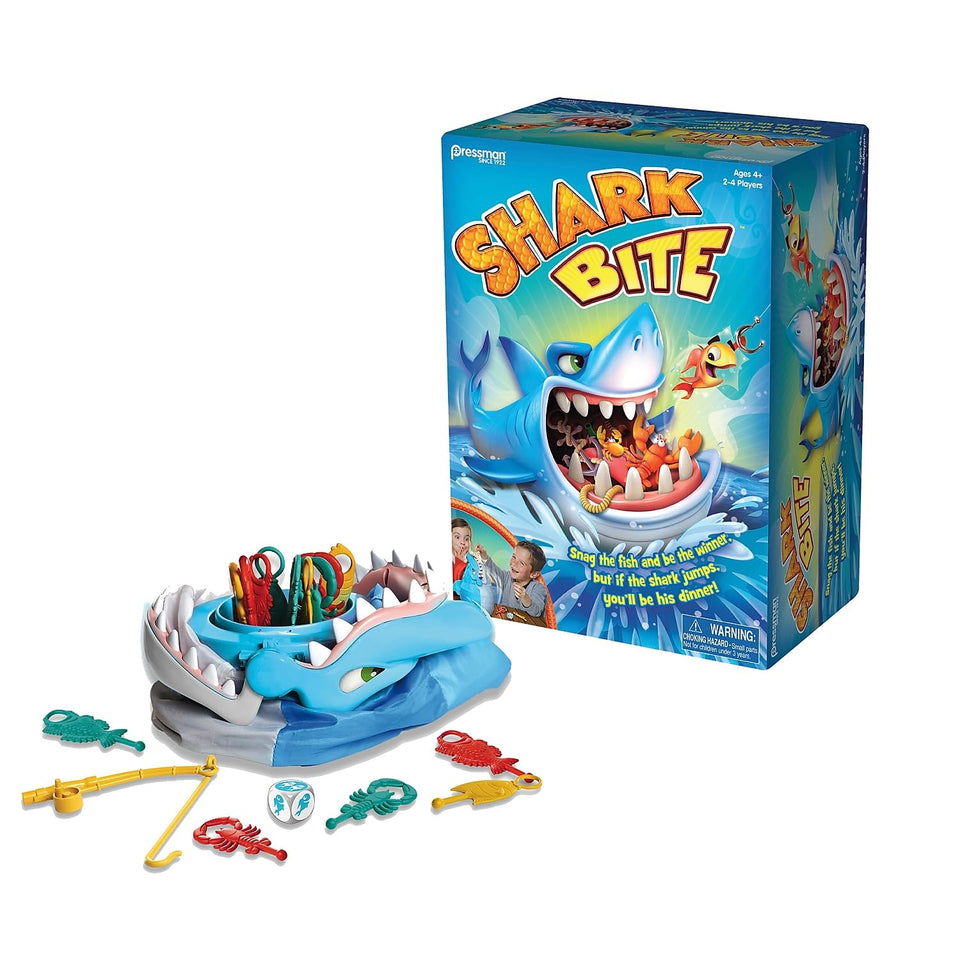 Pressman Shark Bite game box with colorful sea creatures ready to fish.