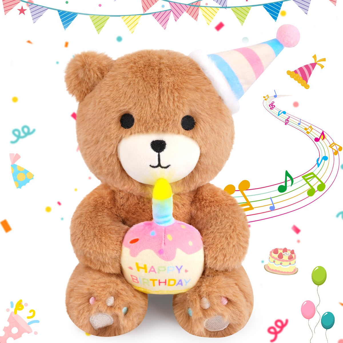 Prewplam birthday teddy bear singing with a festive hat for celebrations.