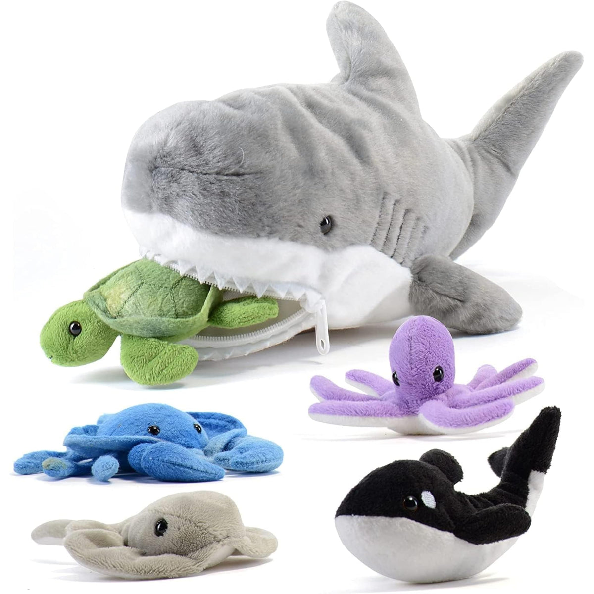 PREXTEX shark plush with all five sea animals inside for imaginative play and organization