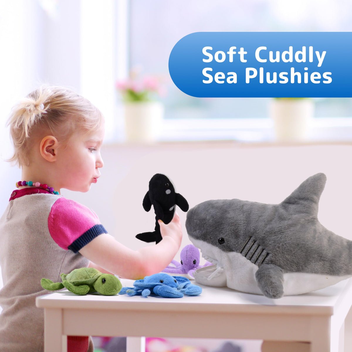 PREXTEX shark plush shows a zip-up storage compartment for tidy playtime and travel