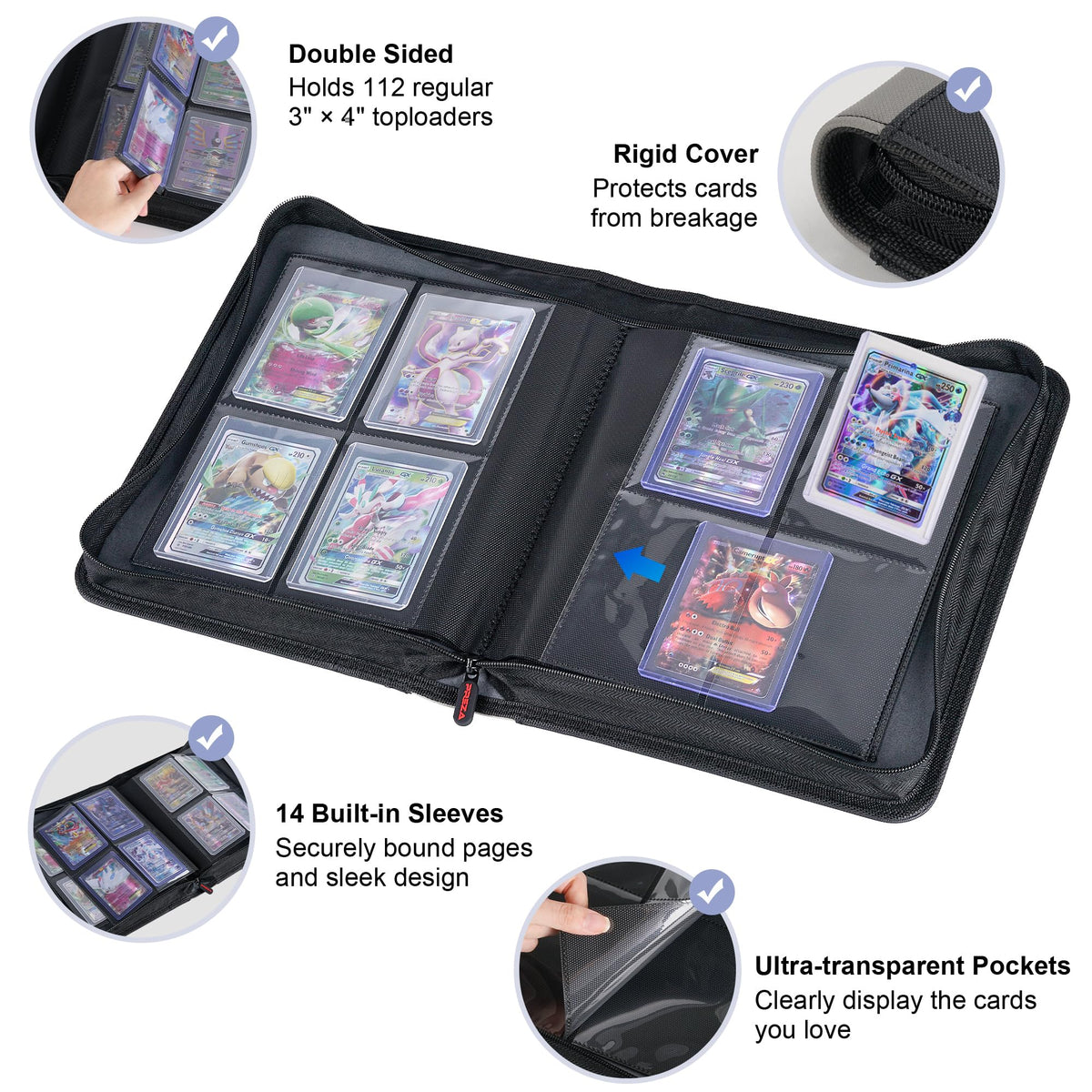 PREZA Double-sided sleeves protect and let you view both card sides.
