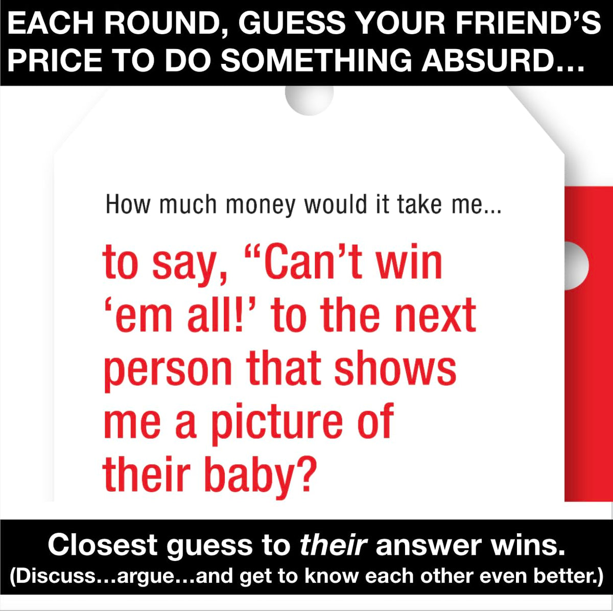 Pricetitution cards layout with 130 prompts for playful debates and laughs.