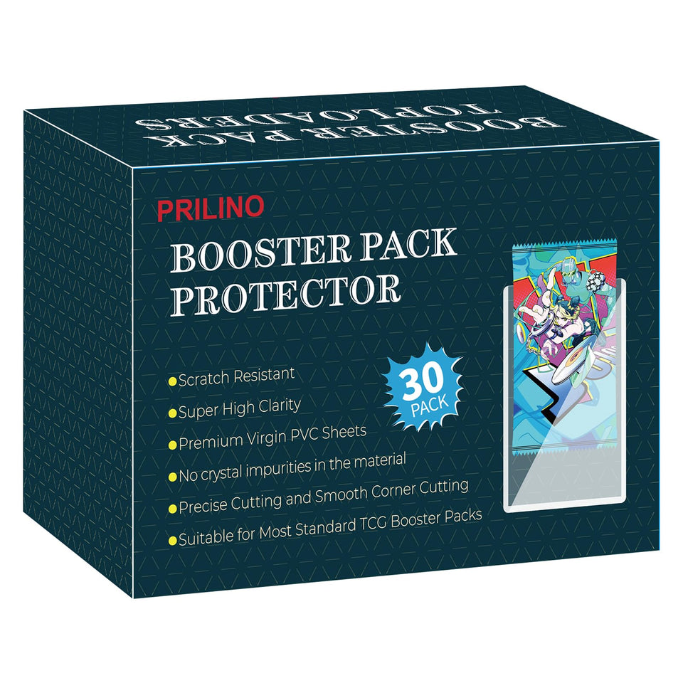 Prilino 30-pack top-loaders protecting booster packs with clear view and protection