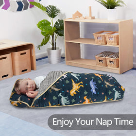 PRIMLECT dinosaur nap mat minky-blanket adds cozy warmth during naptime.
