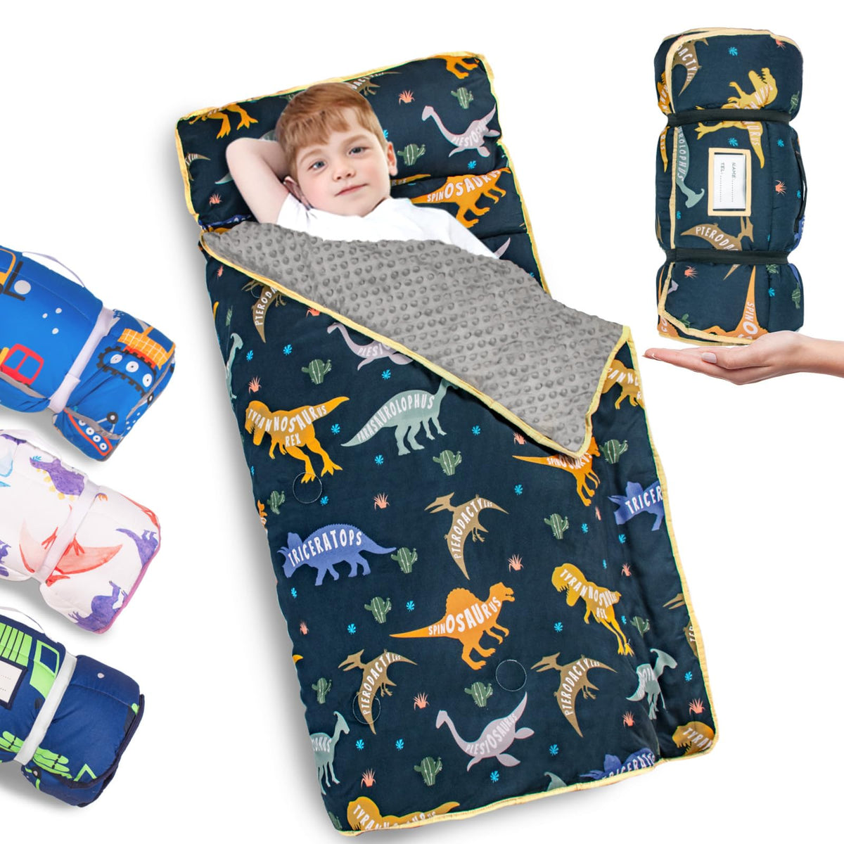 PRIMLECT dinosaur nap mat roll-handle promotes easy transport and storage.