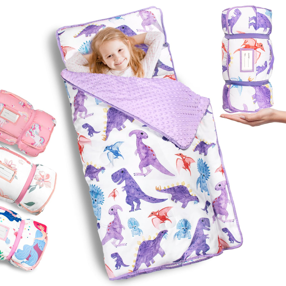 PRIMLECT dinosaur nap mat roll-up for easy transport and daycare use.