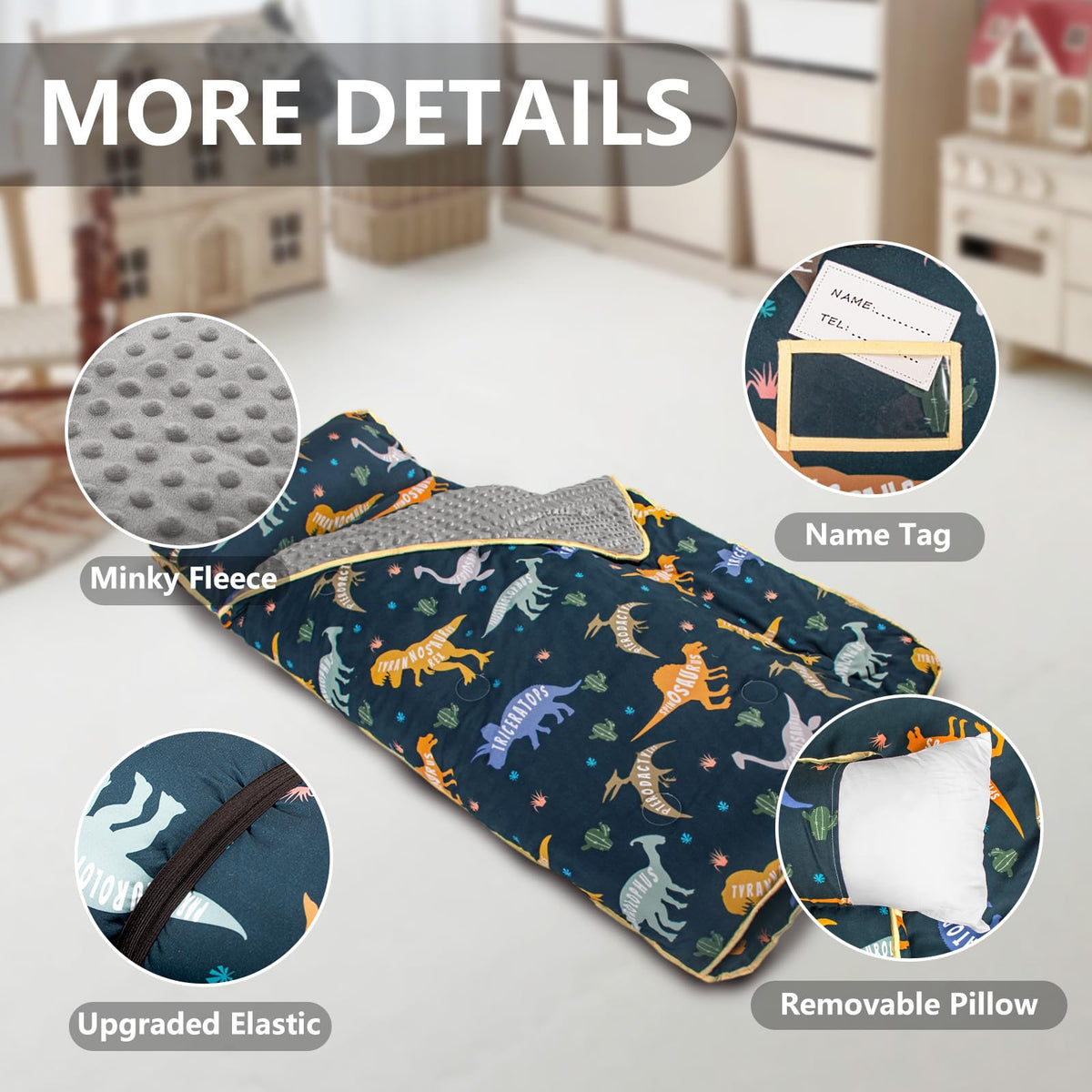 PRIMLECT dinosaur nap mat washable-design simplifies cleanup after daycare use.