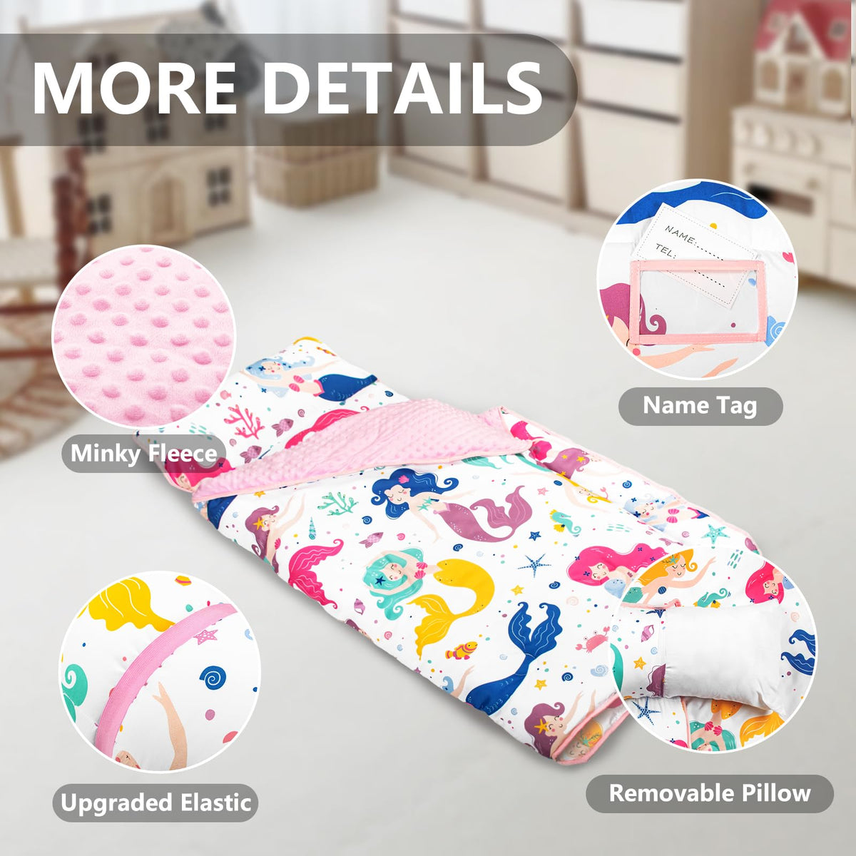 PRIMLECT Mermaid nap mat has a convenient roll-up handle and name tag.