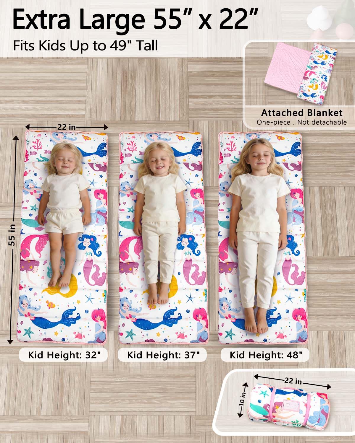 PRIMLECT Mermaid nap mat with removable pillow for adjustable comfort.