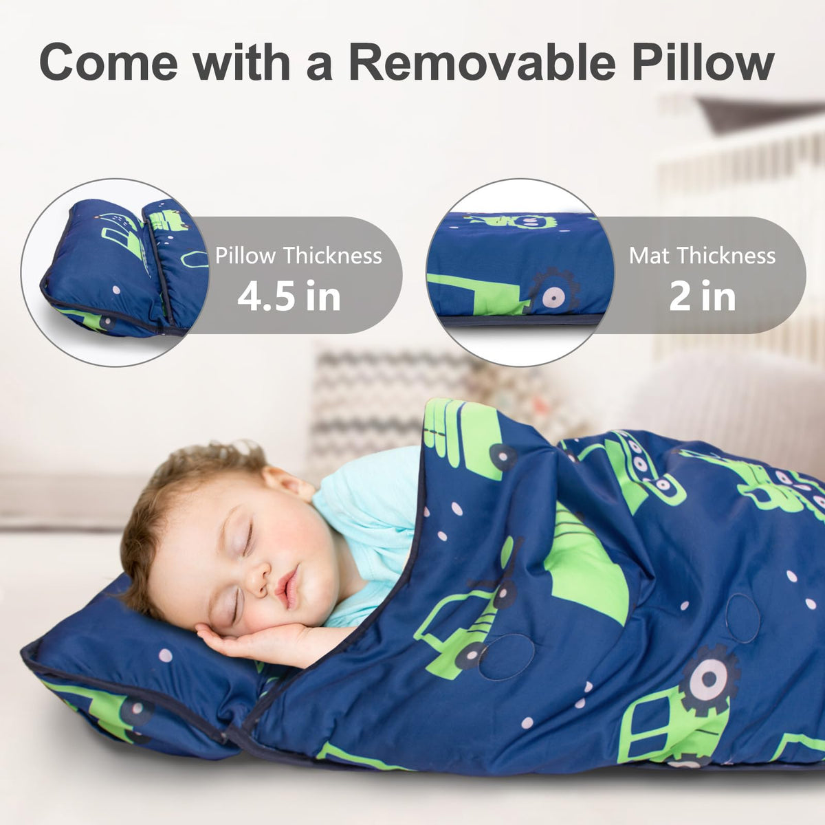 PRIMLECT nap mat measures 55 by 35 inches, extra large for growing toddlers.