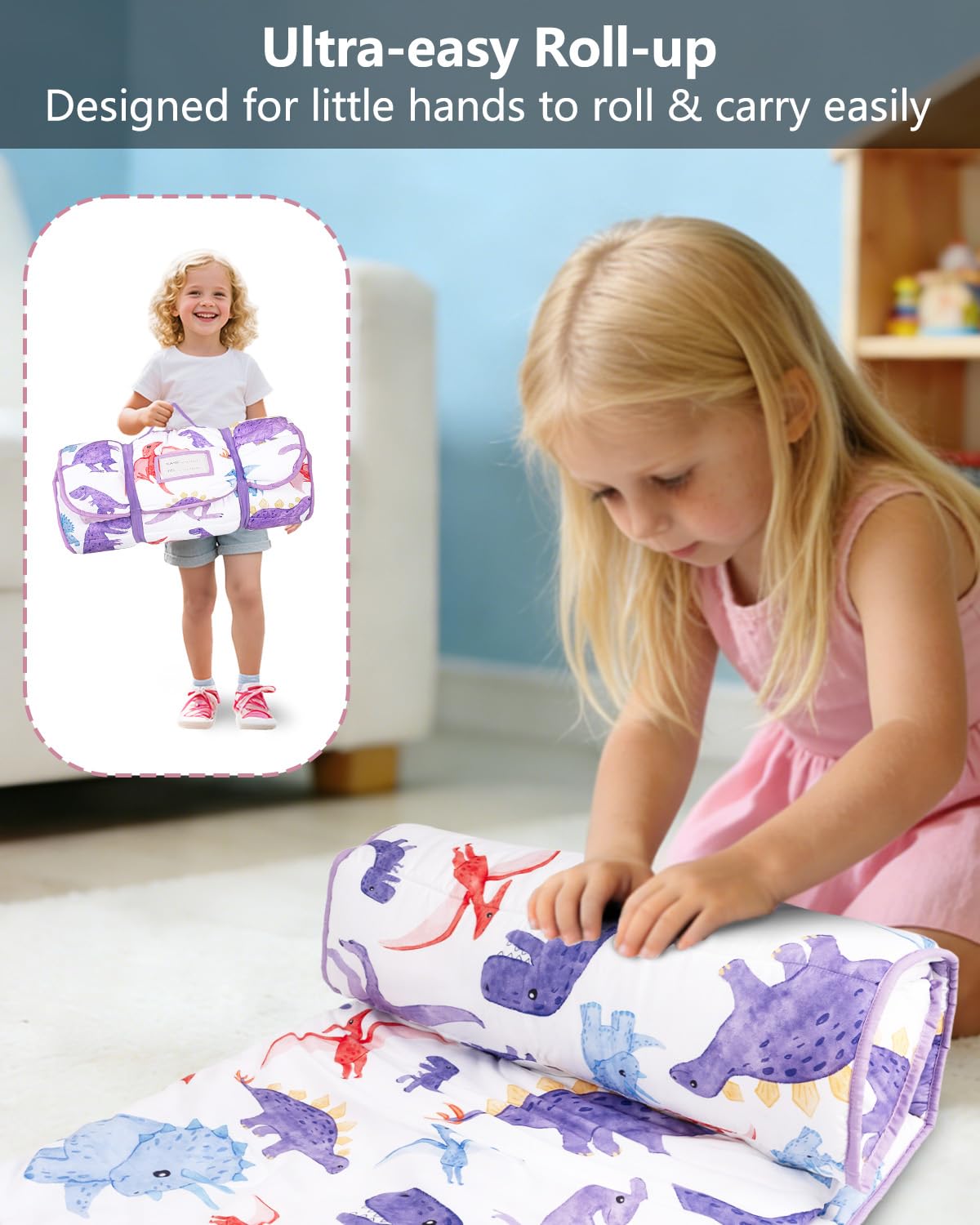 PRIMLECT care-friendly nap mat with handle and name tag for easy travel.