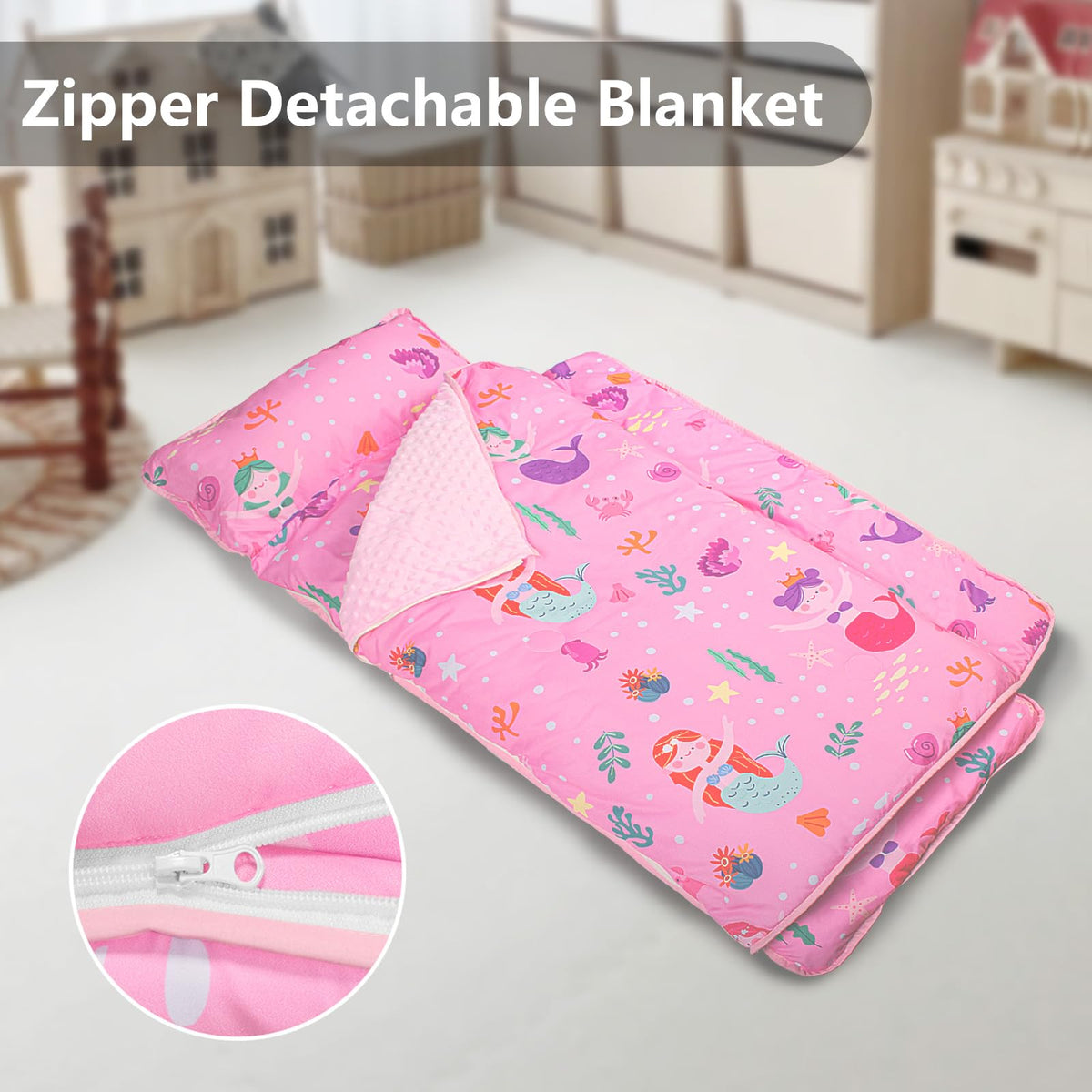 Primlect nap mat showing detachable blanket feature for easy washing.