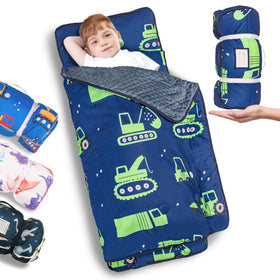 PRIMLECT nap mat with excavator design, rolled up for portable daycare naps.