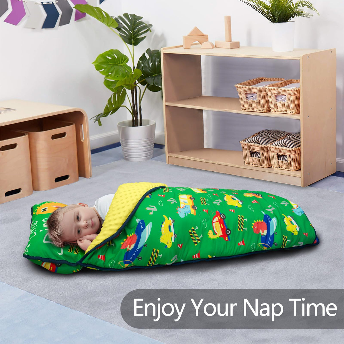 Primlect nap mat roll-up design with handle makes transport easy.
