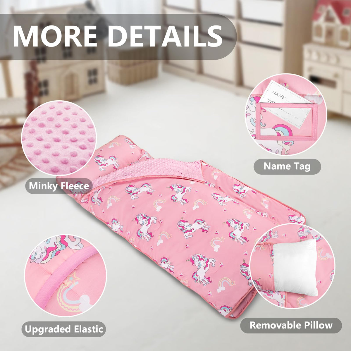 PRIMLECT nap mat rolls compactly with elastic band and name tag.