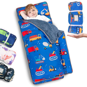Primlect thickened toddler nap mat in blue car pattern with roll-up for easy transport.