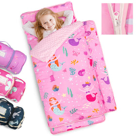 Primlect toddler nap mat with detachable blanket ready for daycare naps.