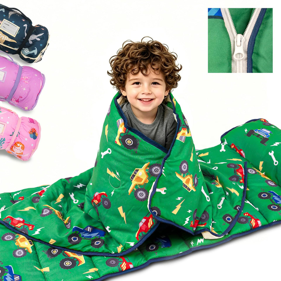 PRIMLECT toddler nap mat with detachable blanket for cozy, easy-clean naps at daycare.
