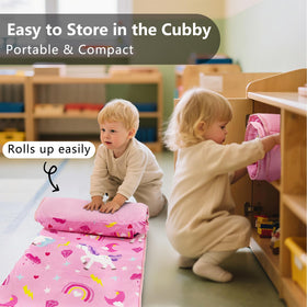 Primlect nap mat with fleece blanket shown for cozy preschool rest